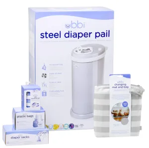Ubbi Diaper Changing Value Gift Set, Baby Registry Gift, Includes Gray Diaper Pail, Absorbing Gels, Travel Changing Mat & Bag, Diaper Pail Waste Bags and On-the-Go Waste Sacks