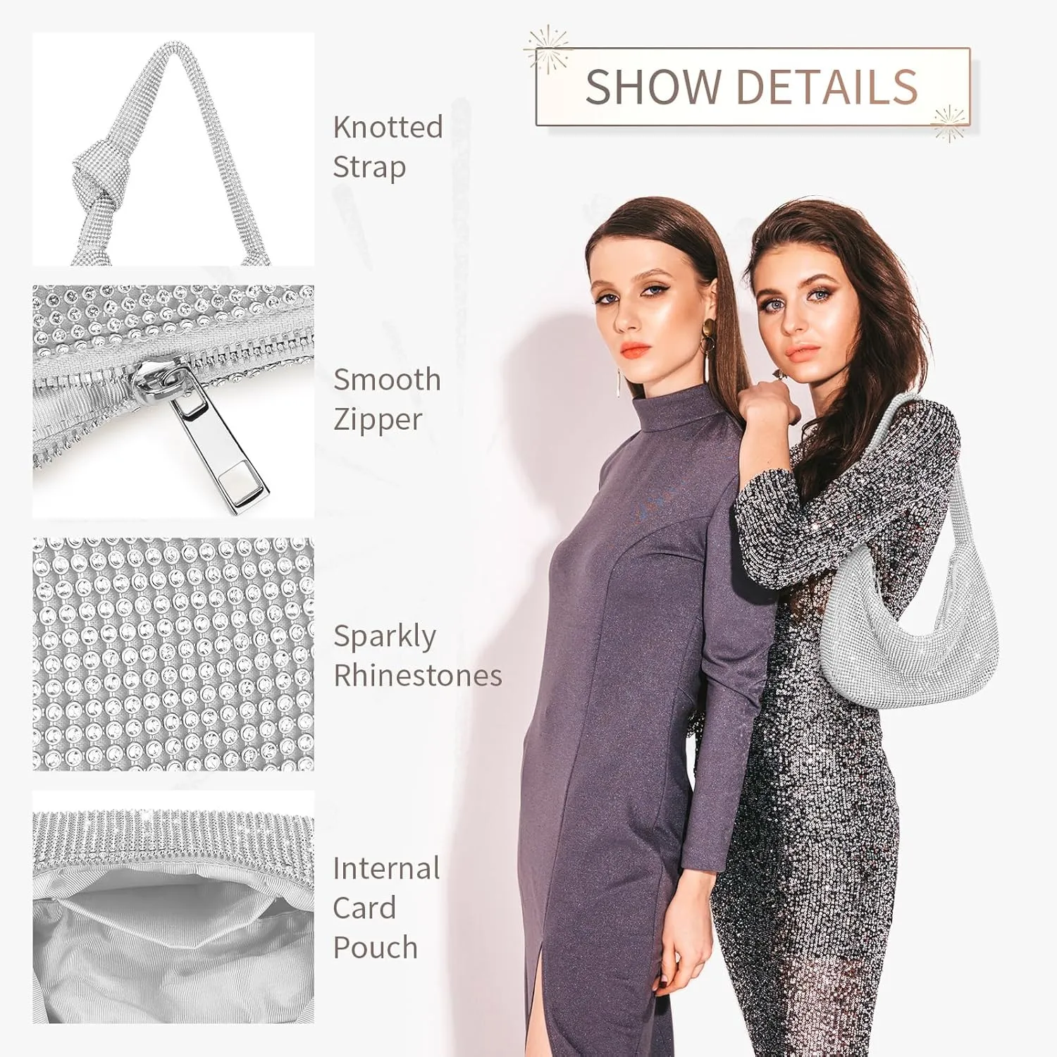 UBORSE Knotted Rhinestone Purse for Women Formal Evening Bag Wedding Clutch Purse Sparkly Prom Cocktail Party Handbag