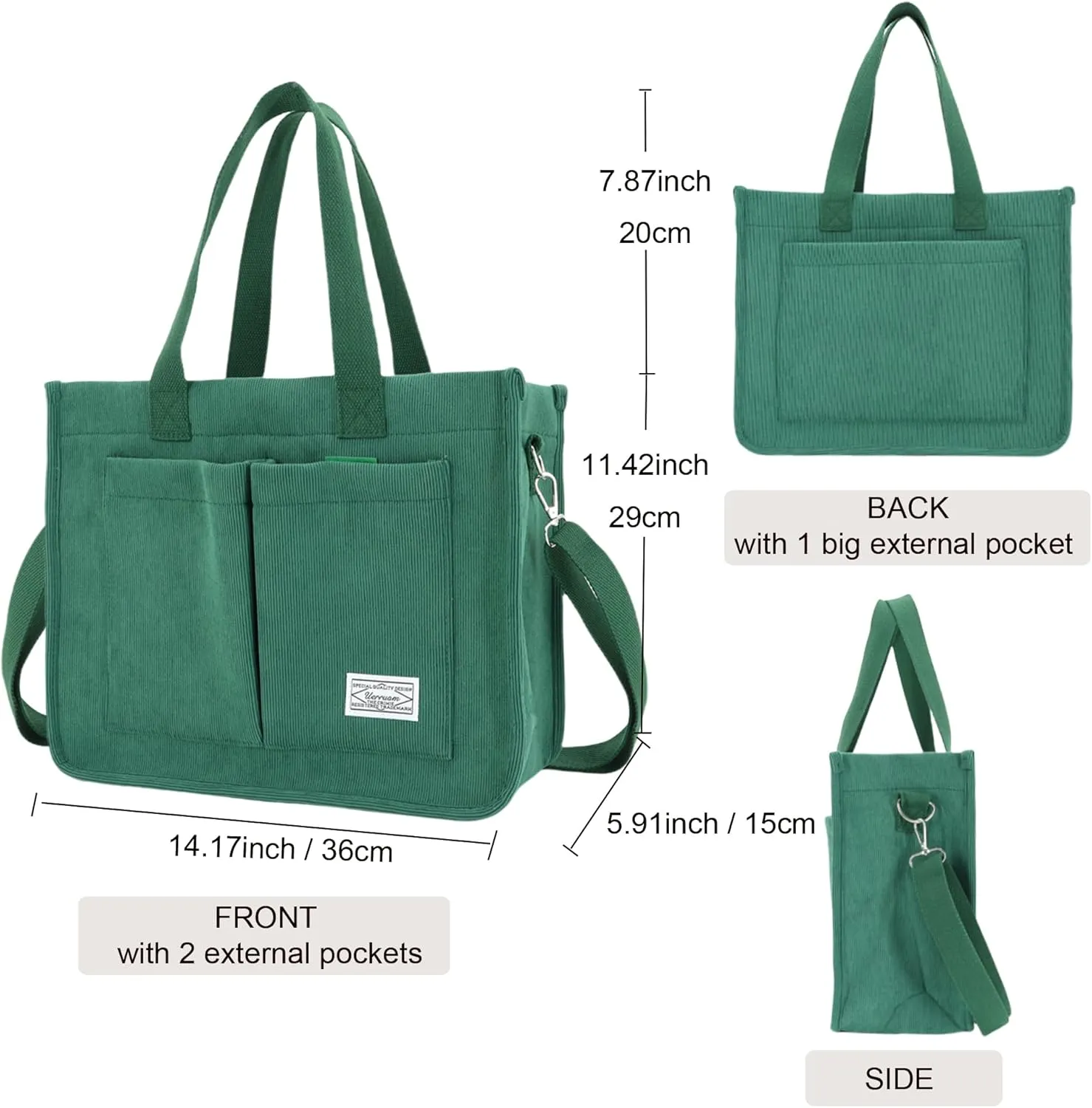UERRUAM Tote Bag for Women with Pockets,Large Corduroy Crossbody Purse for Laptop,Work,College,Everyday,Travel