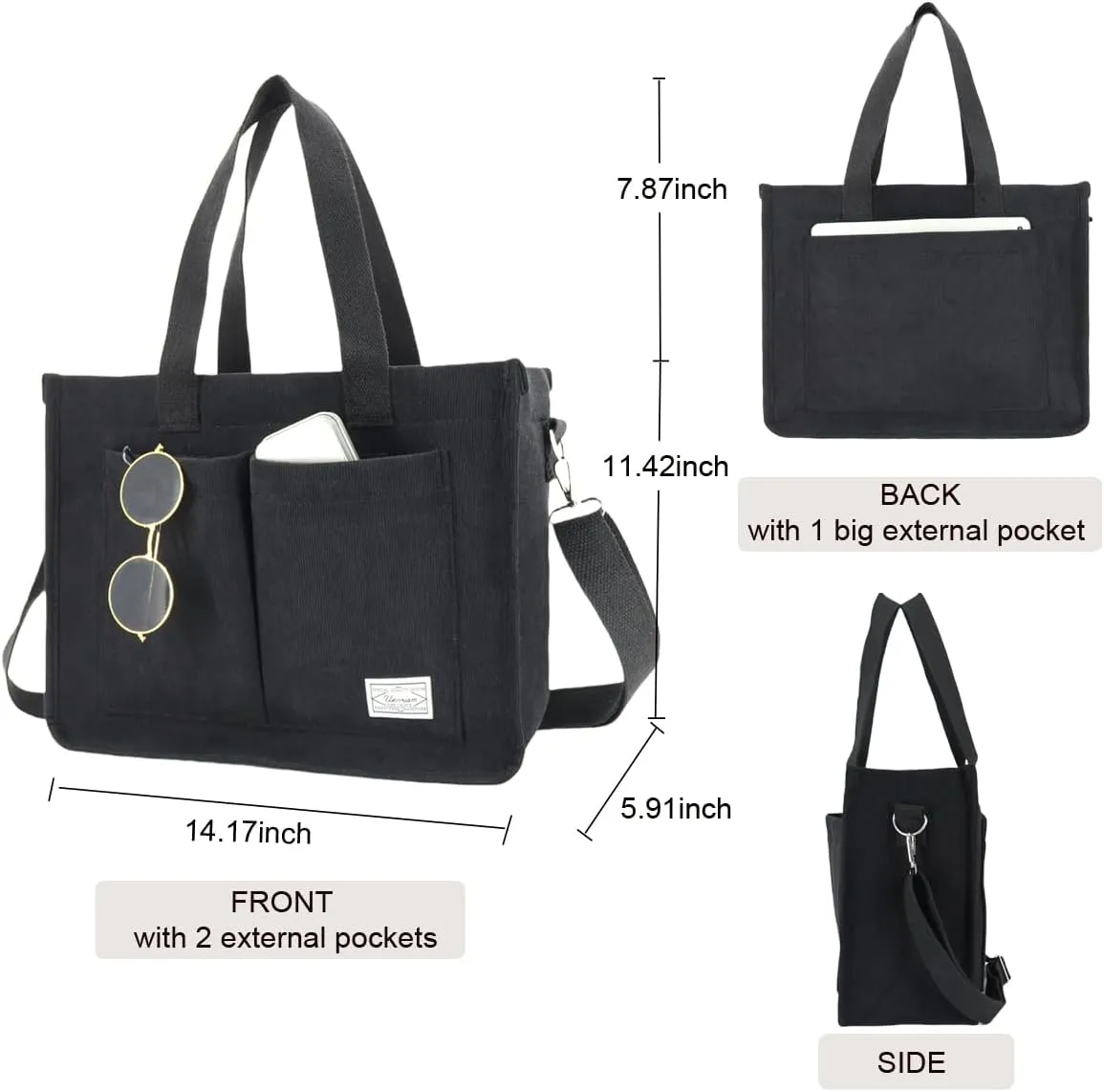 UERRUAM Tote Bag for Women with Pockets,Large Corduroy Crossbody Purse for Laptop,Work,College,Everyday,Travel