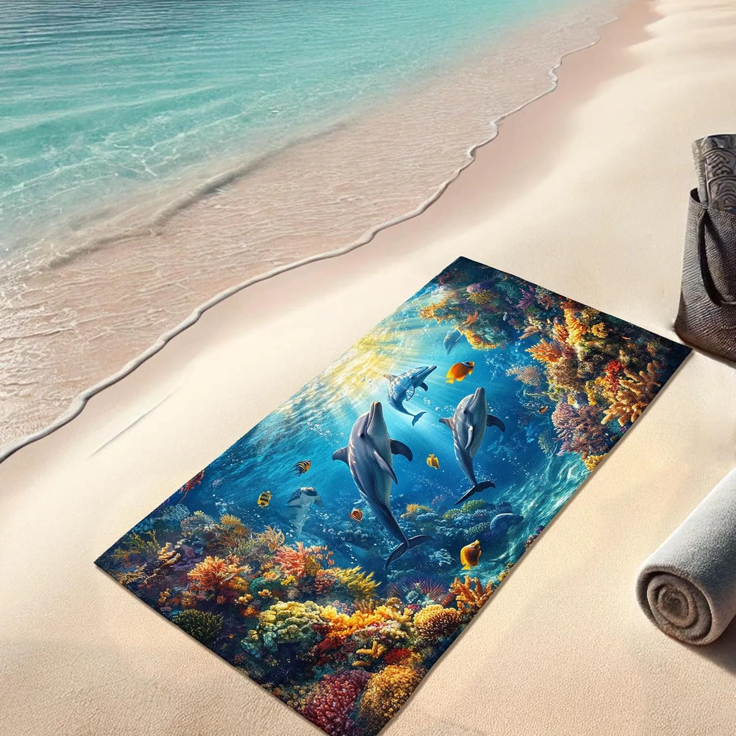Underwater Dolphin Microfiber Beach Towel Vibrant Ocean Scene Towel, Quick Dry Absorbent Soft Sand Free Oversize Lightweight Blanket, Beach Vacation Picnics Essentials 62x31 Inch