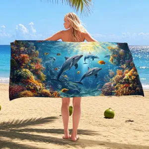 Underwater Dolphin Microfiber Beach Towel Vibrant Ocean Scene Towel, Quick Dry Absorbent Soft Sand Free Oversize Lightweight Blanket, Beach Vacation Picnics Essentials 62x31 Inch
