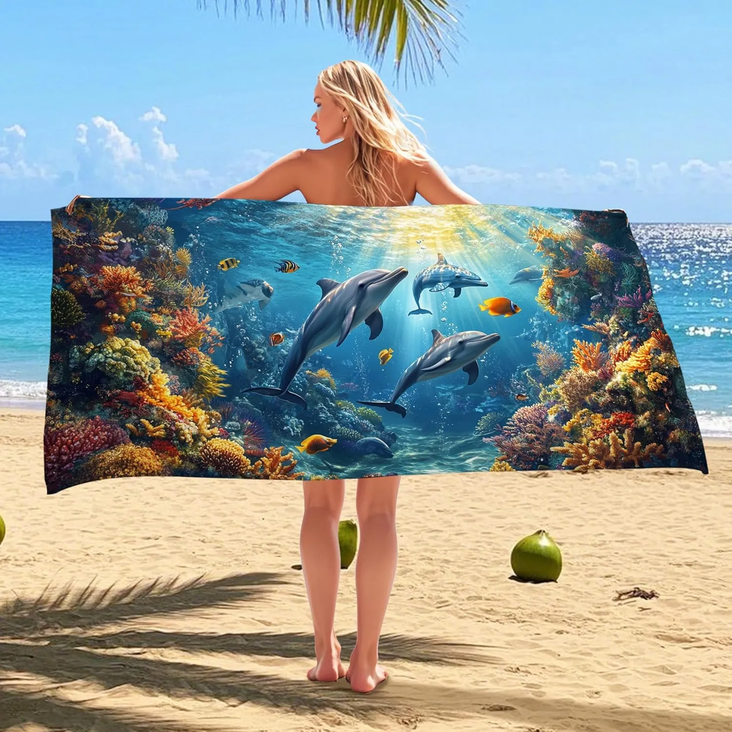 Underwater Dolphin Microfiber Beach Towel Vibrant Ocean Scene Towel, Quick Dry Absorbent Soft Sand Free Oversize Lightweight Blanket, Beach Vacation Picnics Essentials 62x31 Inch