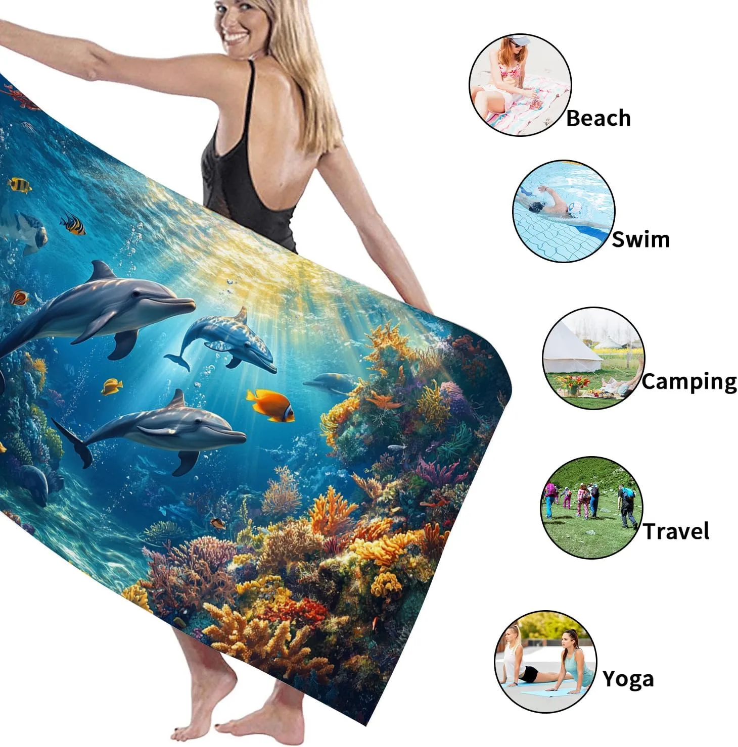 Underwater Dolphin Microfiber Beach Towel Vibrant Ocean Scene Towel, Quick Dry Absorbent Soft Sand Free Oversize Lightweight Blanket, Beach Vacation Picnics Essentials 62x31 Inch
