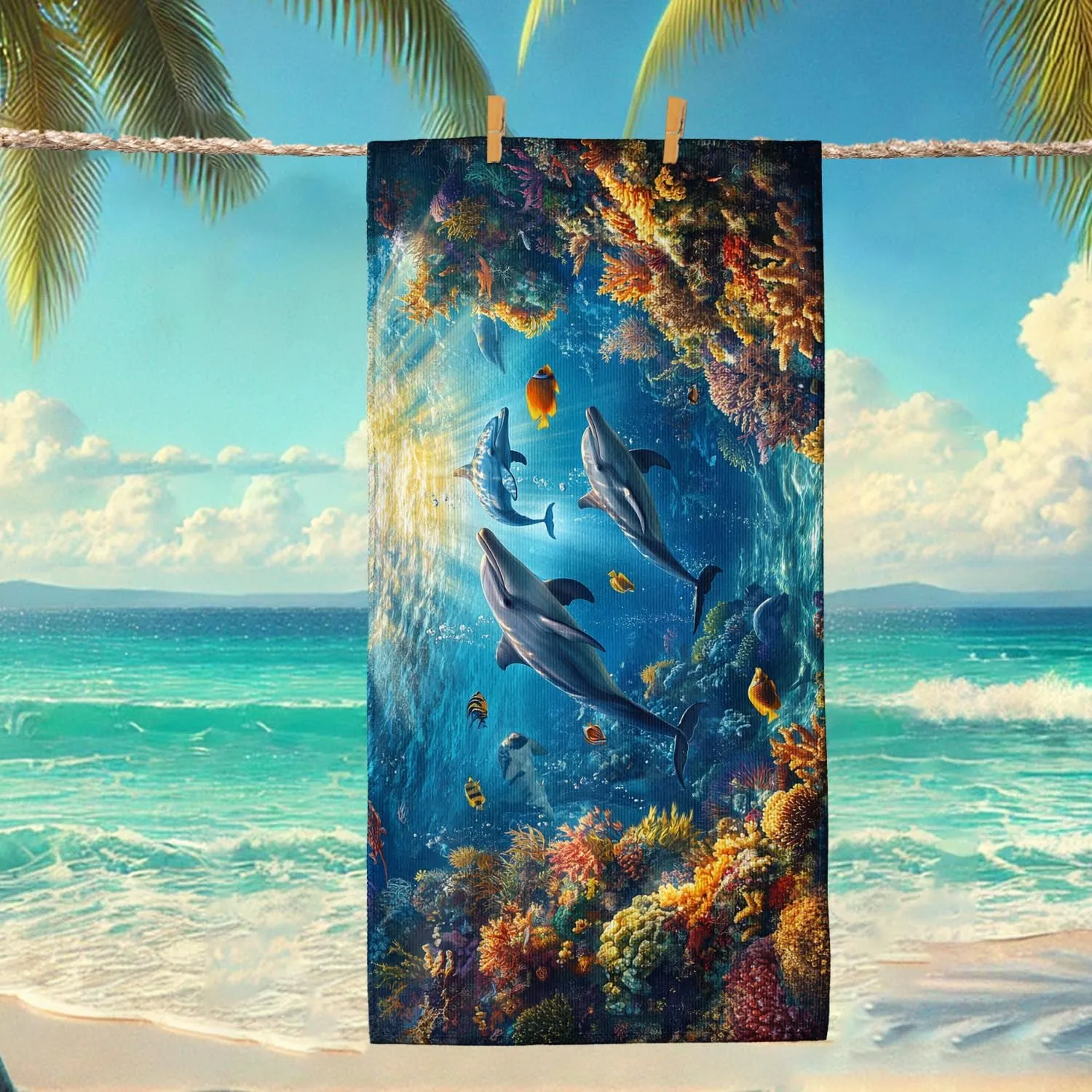 Underwater Dolphin Microfiber Beach Towel Vibrant Ocean Scene Towel, Quick Dry Absorbent Soft Sand Free Oversize Lightweight Blanket, Beach Vacation Picnics Essentials 62x31 Inch