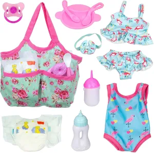 UNICORN ELEMENT 12 Pcs Baby Doll Clothes and Accessories, Baby Doll Feeding and Caring Set with Baby Doll Diaper Bag, Clothes, Diapers, Bottles, Pacifier, Swimsuits,Best Gift for Kids
