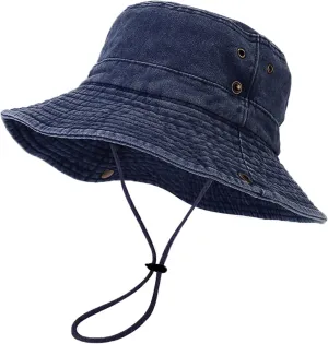 Unisex Cotton Boonie Hat Summer Outdoor Packable Fishing Bucket Hat Beach Sun Hat with String for Women Men