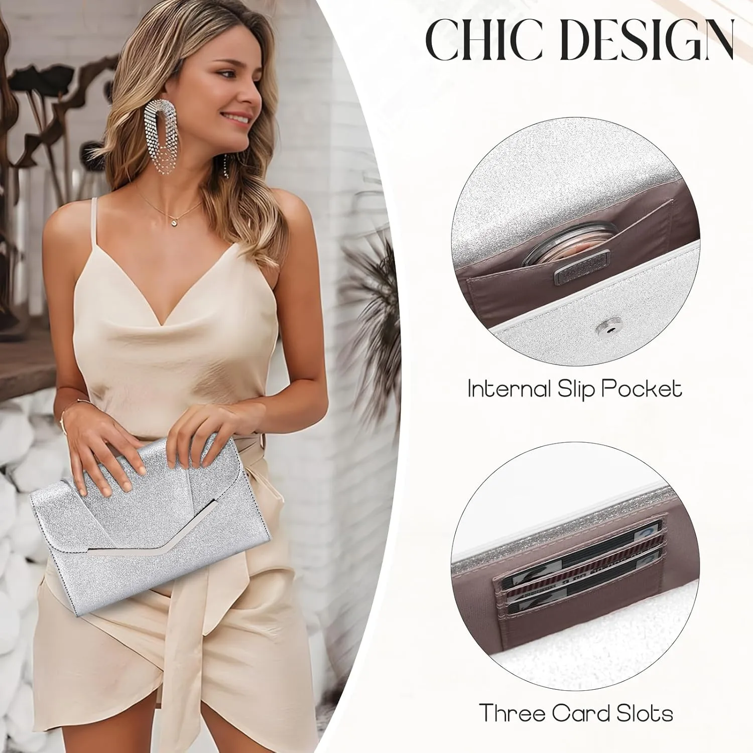 VASCHY Clutch Purse for Women,Fashion Envelope Evening Small Formal Handbag Fold-over Crossbody Shoulder Bag Wedding,Party