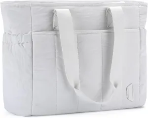 VASCHY Puffer Tote Bag for Women, Lightweight Quilted Tote Purse with Laptop Compartments Zipper for Work/Teacher/Travel/Gym Beige