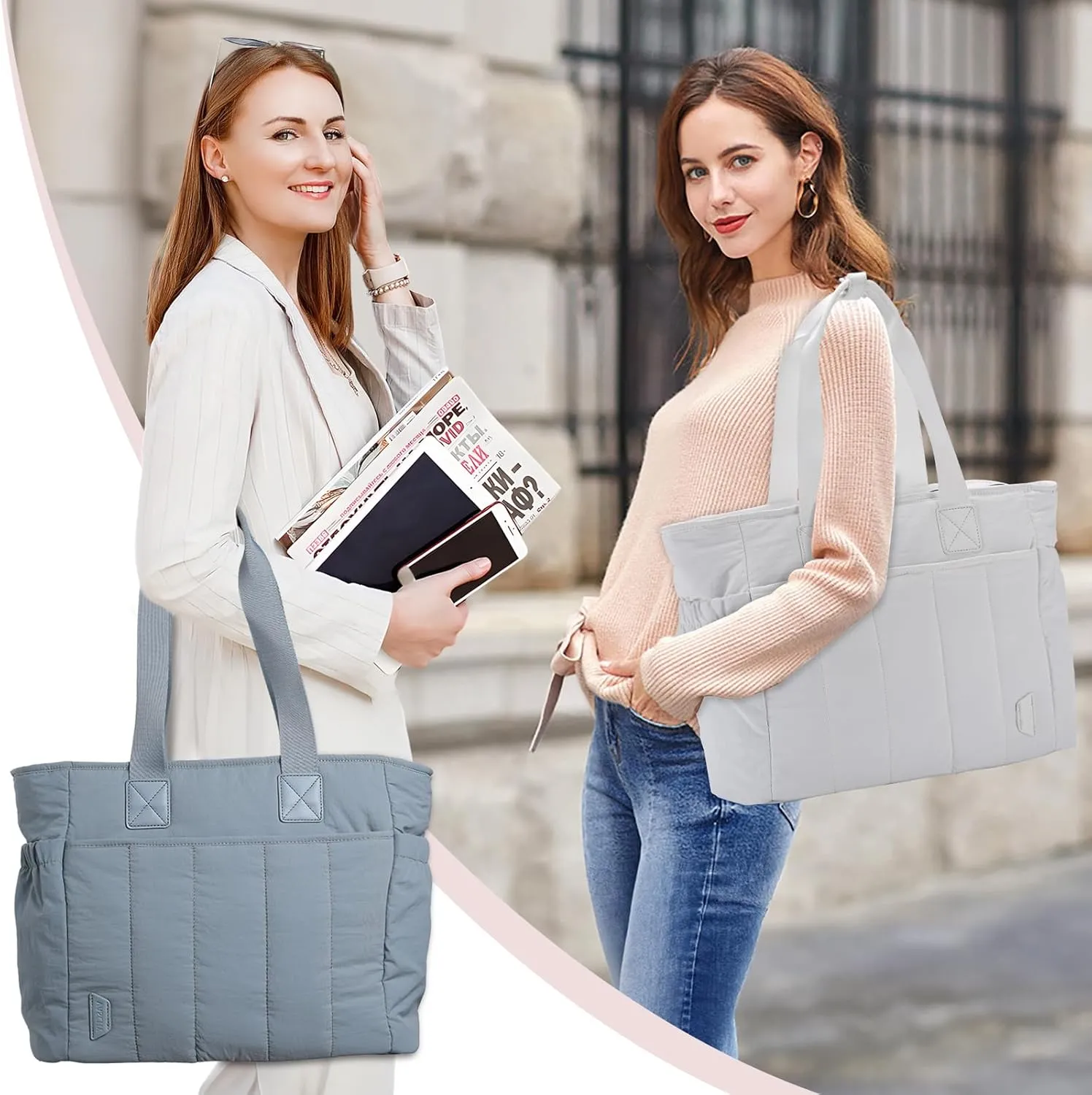 VASCHY Puffer Tote Bag for Women, Lightweight Quilted Tote Purse with Laptop Compartments Zipper for Work/Teacher/Travel/Gym Beige