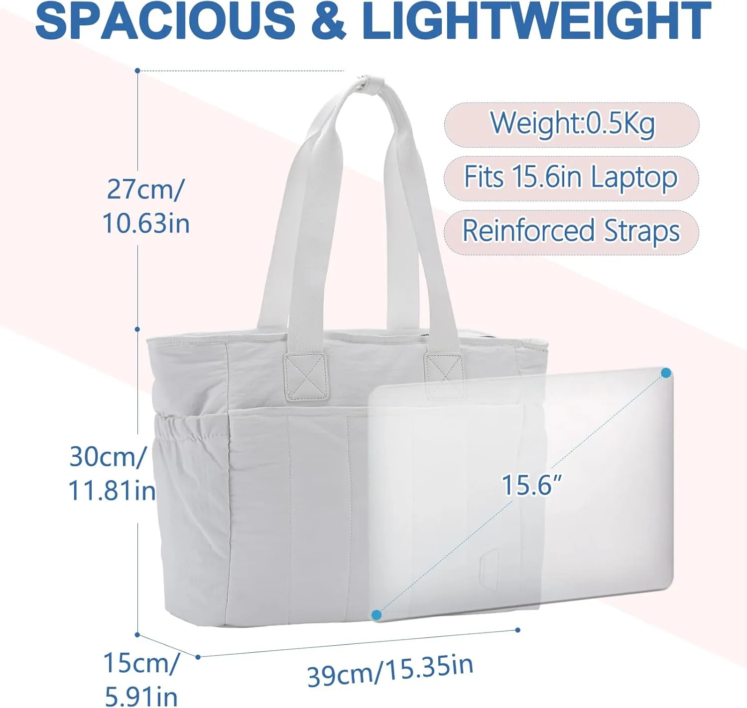 VASCHY Puffer Tote Bag for Women, Lightweight Quilted Tote Purse with Laptop Compartments Zipper for Work/Teacher/Travel/Gym Beige