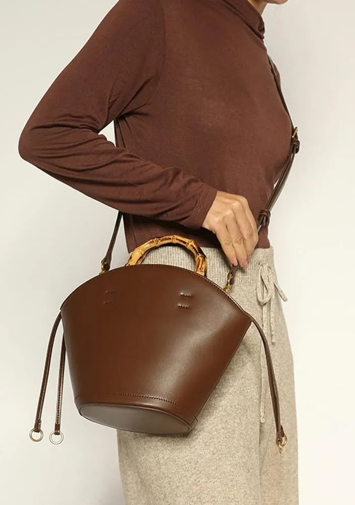 Vegan Leather Handbag for Women Small Bucket Shoulder Crossbody Purse Tote Clutch Designer Satchel with Bamboo Handle