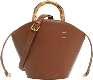 Vegan Leather Handbag for Women Small Bucket Shoulder Crossbody Purse Tote Clutch Designer Satchel with Bamboo Handle