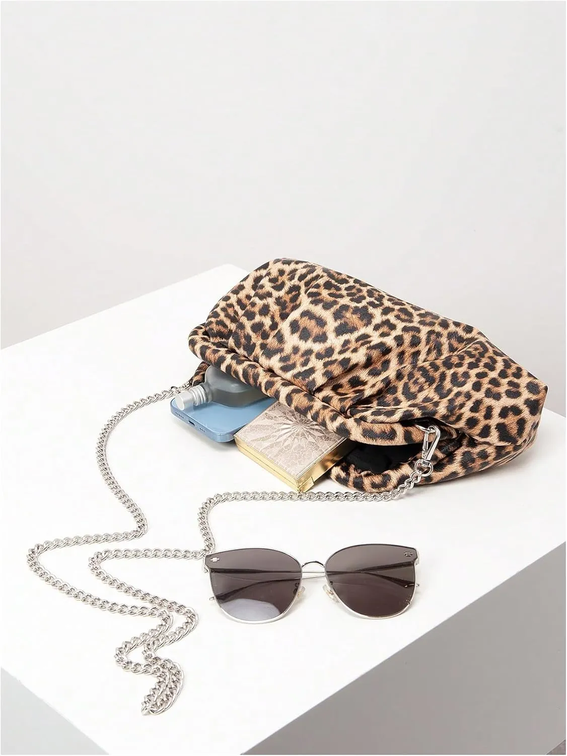 Verdusa Women's Leopard Print Ruched Clutch Purse Evening Handbag with Chain Strap