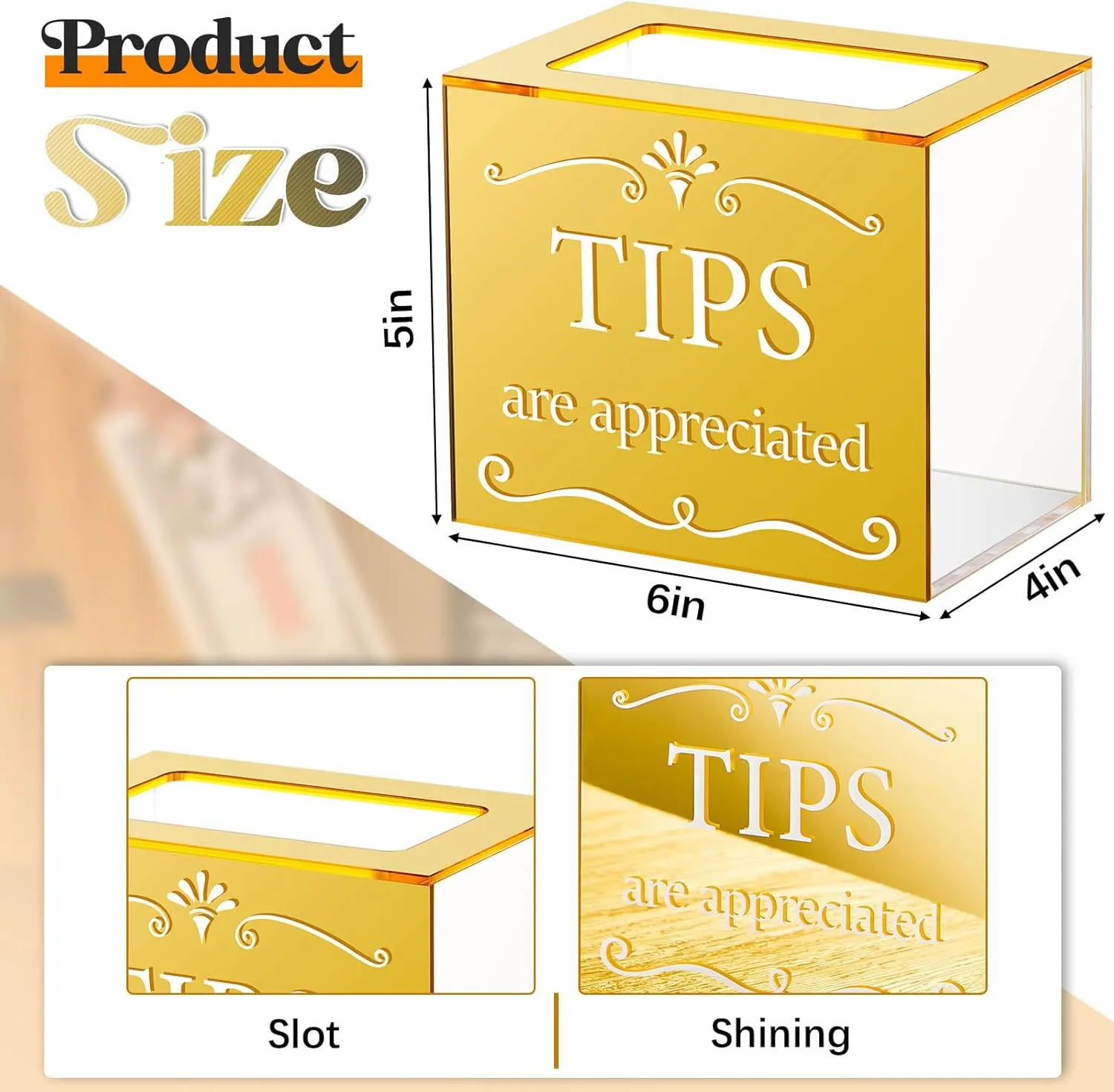 Vesici Acrylic Tips Jar for Money Tip Box Bucket 6 x 4 x 5 Inch Plastic Storage Container Donation Suggestion Raffle Cash Box for Bartender Bars Restaurants Musicians Driver(Gold)