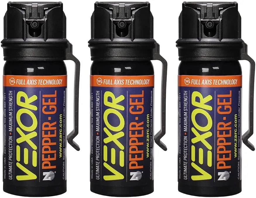 VEXOR Pepper Gel from Zarc, Maximum Strength Police Pepper Spray, Gel is The Future, Full Axis Technology Shoots from Any Angle 18-feet, Flip-top Safety and Belt Clip Included