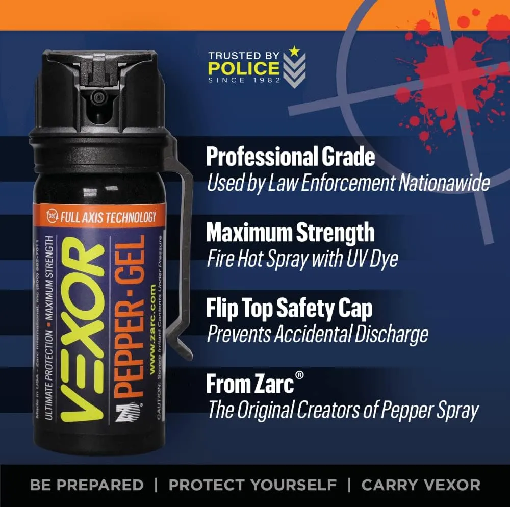 VEXOR Pepper Gel from Zarc, Maximum Strength Police Pepper Spray, Gel is The Future, Full Axis Technology Shoots from Any Angle 18-feet, Flip-top Safety and Belt Clip Included