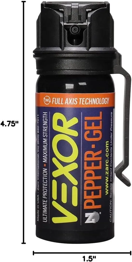 VEXOR Pepper Gel from Zarc, Maximum Strength Police Pepper Spray, Gel is The Future, Full Axis Technology Shoots from Any Angle 18-feet, Flip-top Safety and Belt Clip Included
