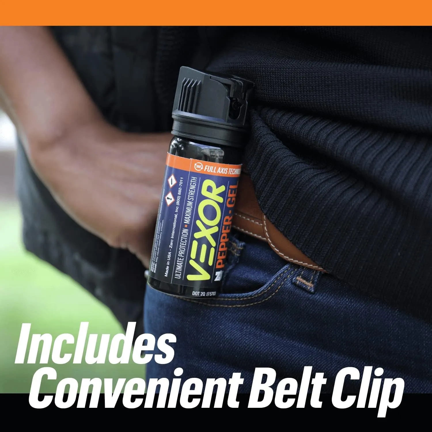 VEXOR Pepper Gel from Zarc, Maximum Strength Police Pepper Spray, Gel is The Future, Full Axis Technology Shoots from Any Angle 18-feet, Flip-top Safety and Belt Clip Included