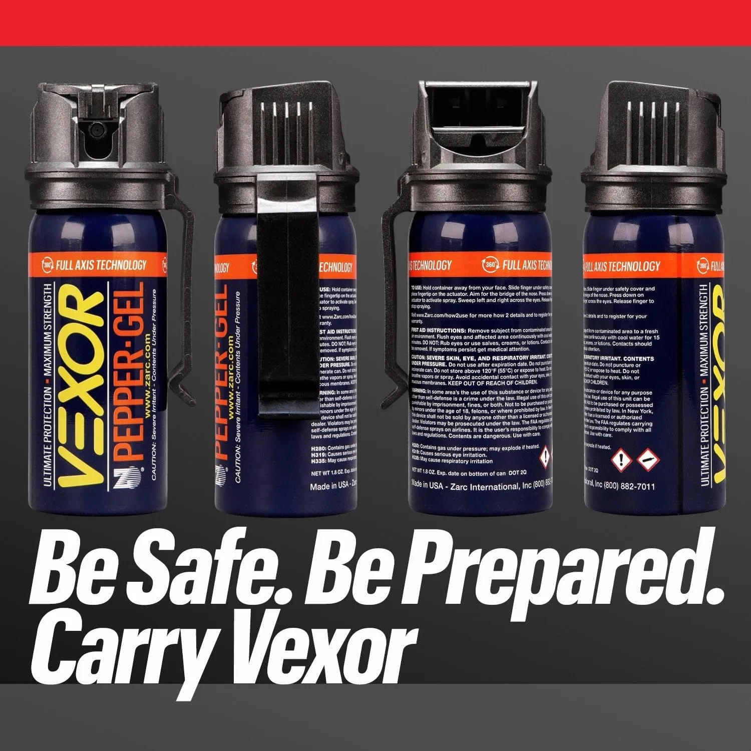 VEXOR Pepper Gel from Zarc, Maximum Strength Police Pepper Spray, Gel is The Future, Full Axis Technology Shoots from Any Angle 18-feet, Flip-top Safety and Belt Clip Included