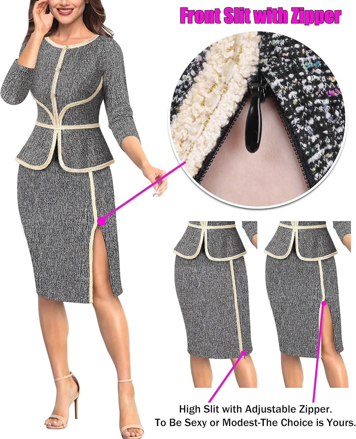 VFSHOW Womens Buttons Peplum Split Work Business Office Church Pencil Sheath Dress