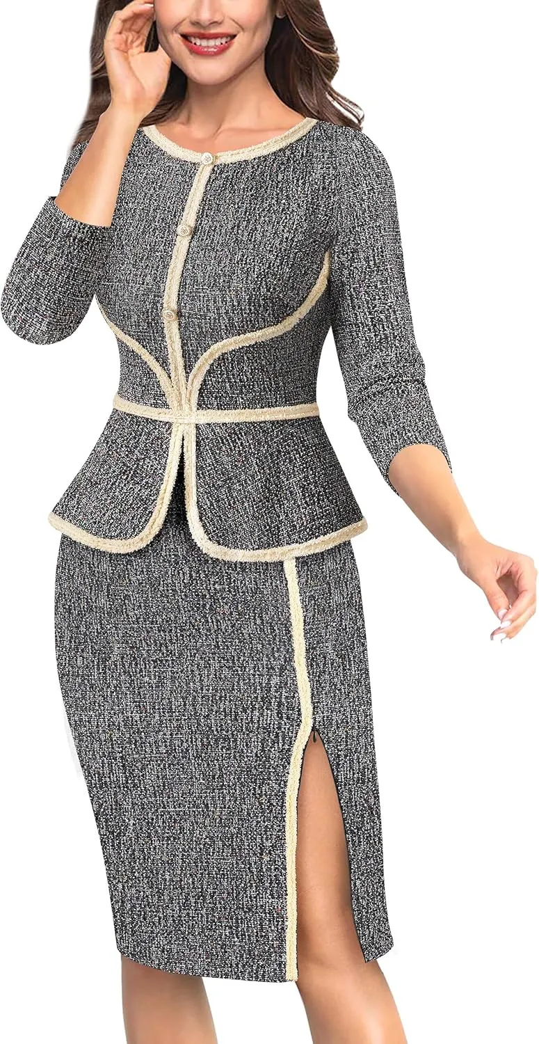 VFSHOW Womens Buttons Peplum Split Work Business Office Church Pencil Sheath Dress