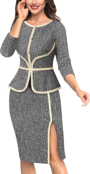VFSHOW Womens Buttons Peplum Split Work Business Office Church Pencil Sheath Dress
