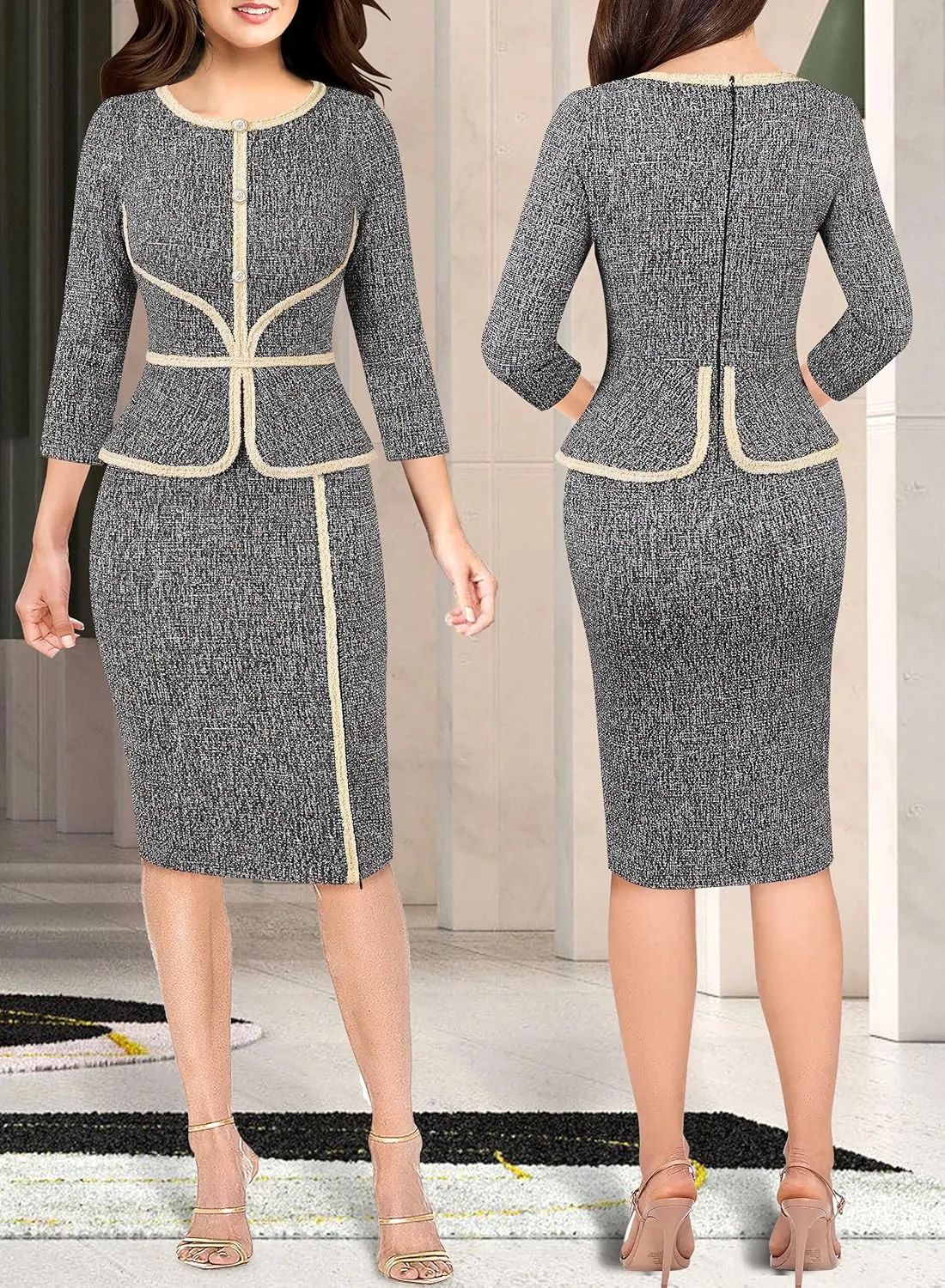 VFSHOW Womens Buttons Peplum Split Work Business Office Church Pencil Sheath Dress