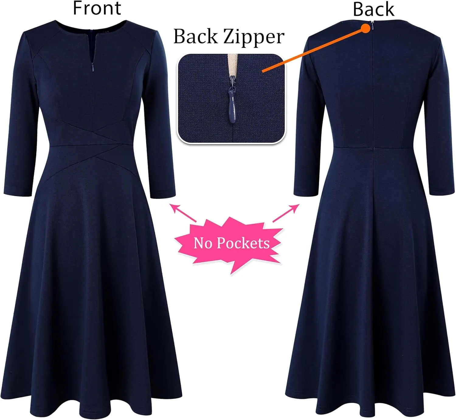 VFSHOW Womens Front Zipper Crisscross Waist Slim Wear to Work Business Office Fit and Flare A-Line Dress