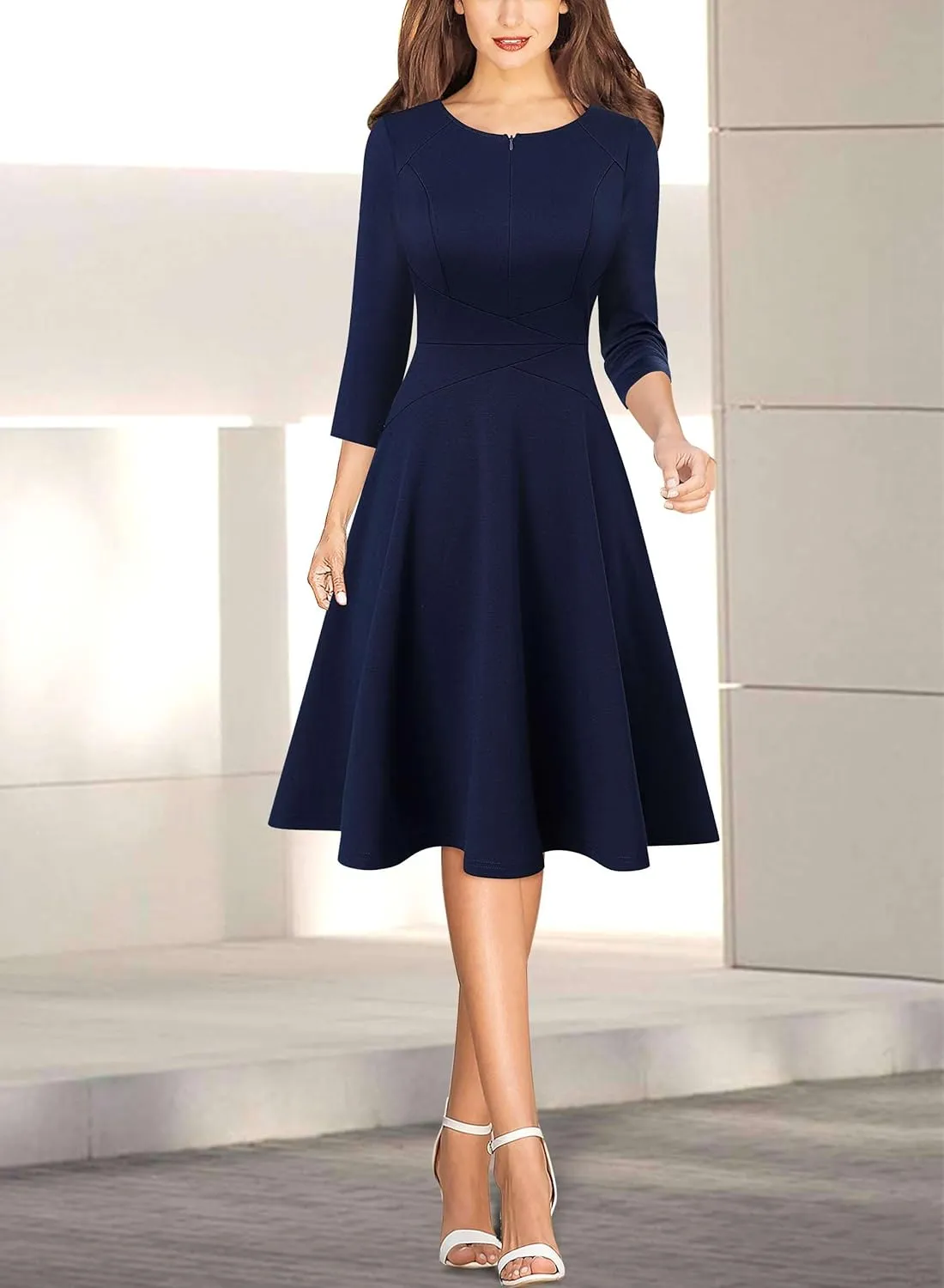 VFSHOW Womens Front Zipper Crisscross Waist Slim Wear to Work Business Office Fit and Flare A-Line Dress