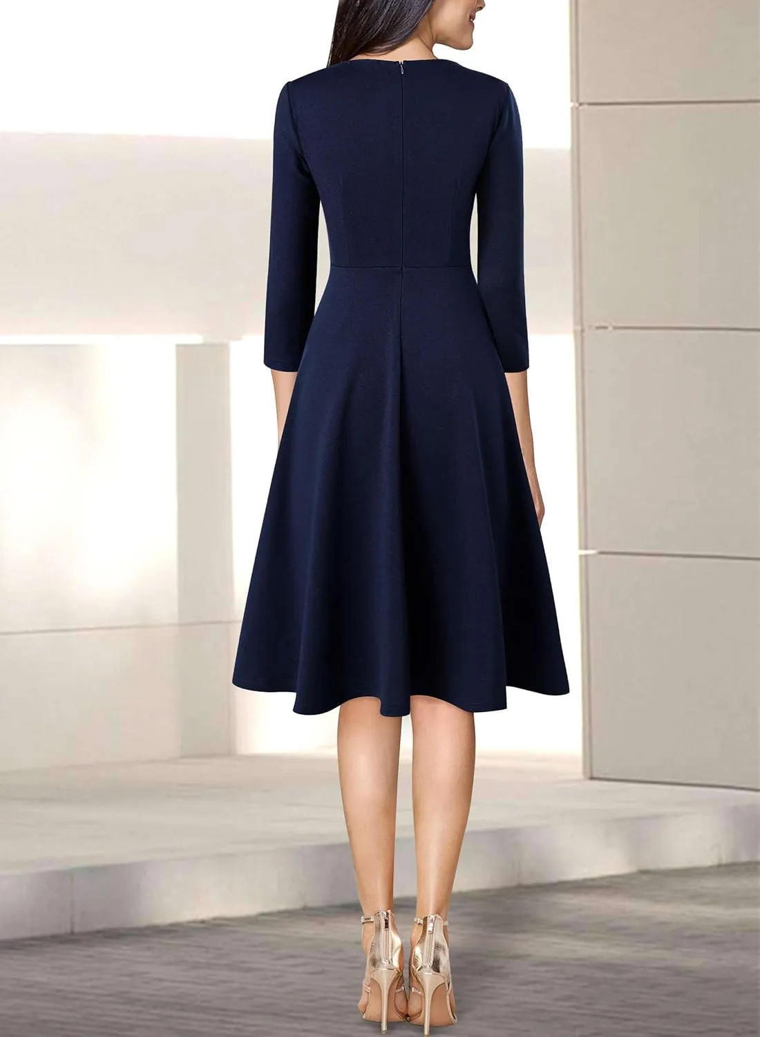 VFSHOW Womens Front Zipper Crisscross Waist Slim Wear to Work Business Office Fit and Flare A-Line Dress