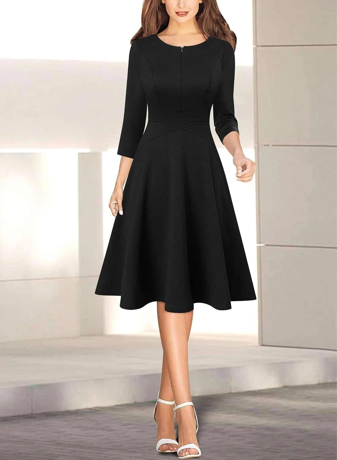 VFSHOW Womens Front Zipper Crisscross Waist Slim Wear to Work Business Office Fit and Flare A-Line Dress