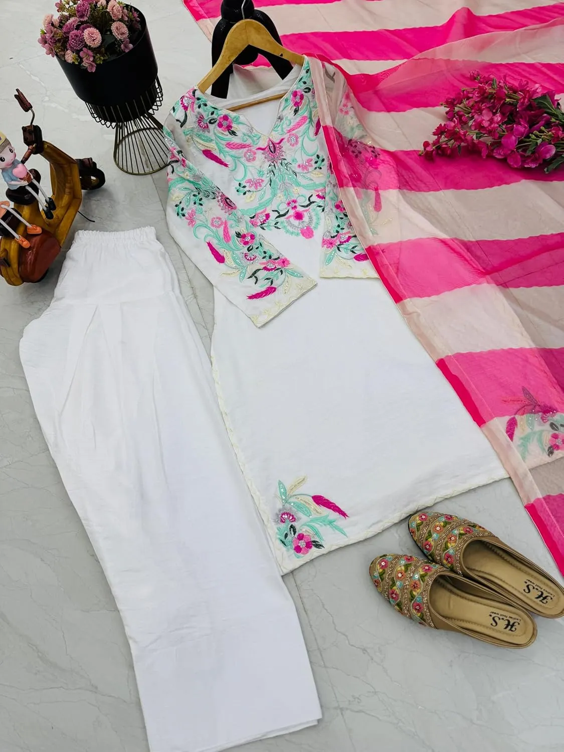Vichitra Silk Embroidered Kurti Palazzo Set with Real Mirror Work & Organza Printed Dupatta | Fully Stitched | M to XXL