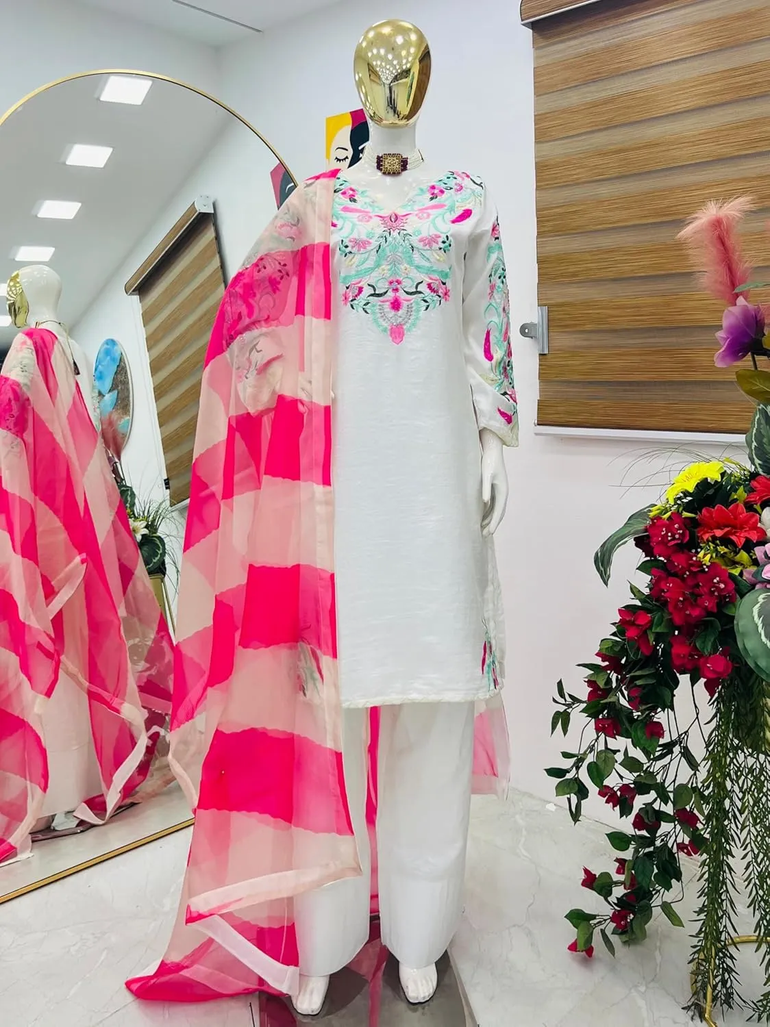 Vichitra Silk Embroidered Kurti Palazzo Set with Real Mirror Work & Organza Printed Dupatta | Fully Stitched | M to XXL