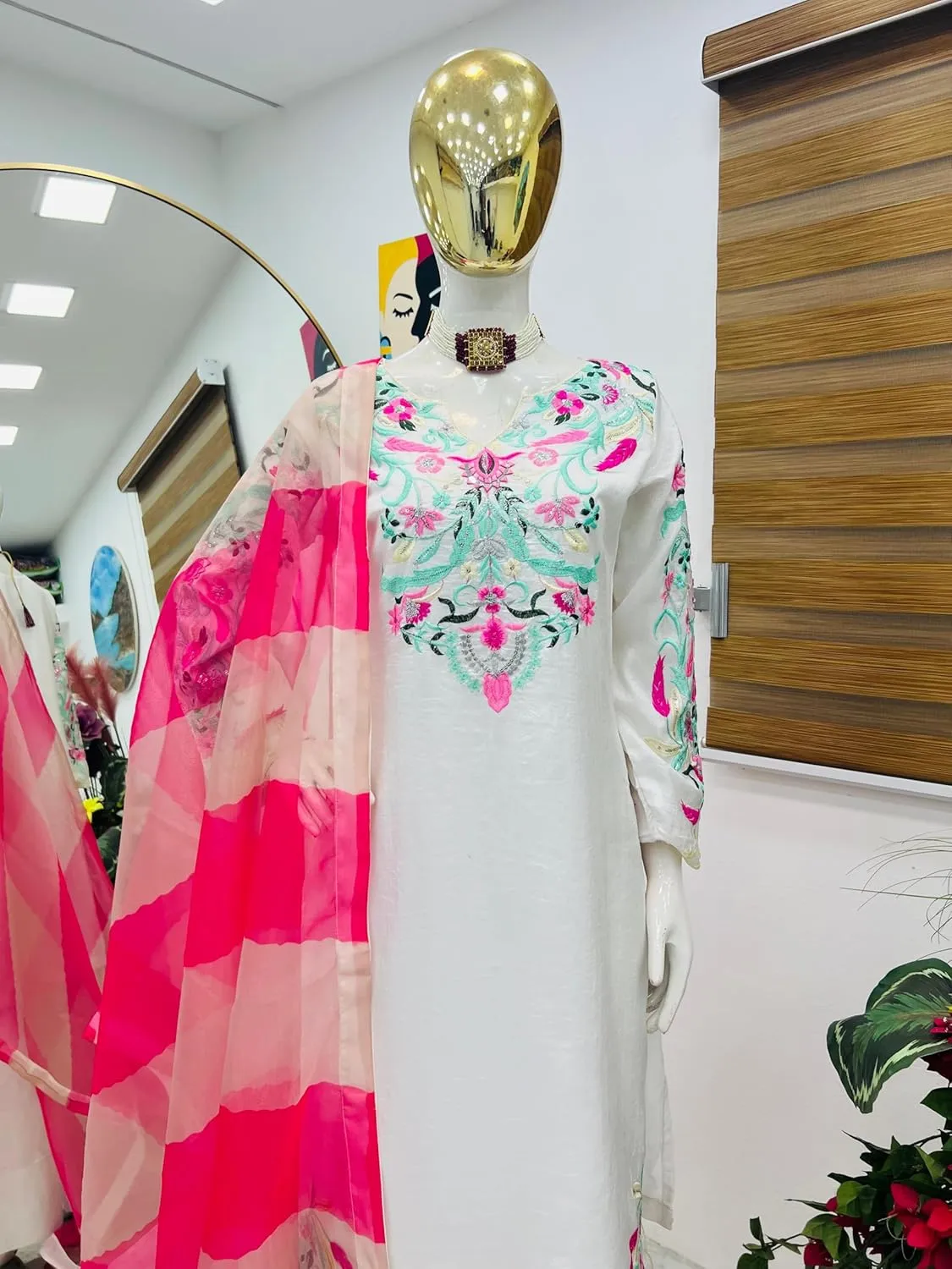 Vichitra Silk Embroidered Kurti Palazzo Set with Real Mirror Work & Organza Printed Dupatta | Fully Stitched | M to XXL