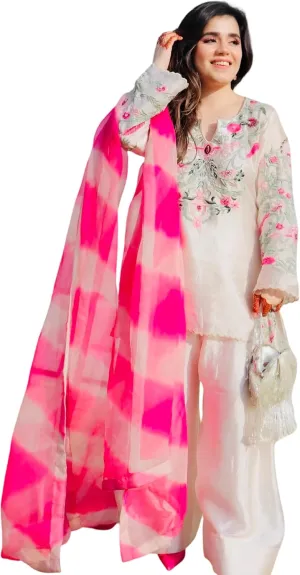 Vichitra Silk Embroidered Kurti Palazzo Set with Real Mirror Work & Organza Printed Dupatta | Fully Stitched | M to XXL