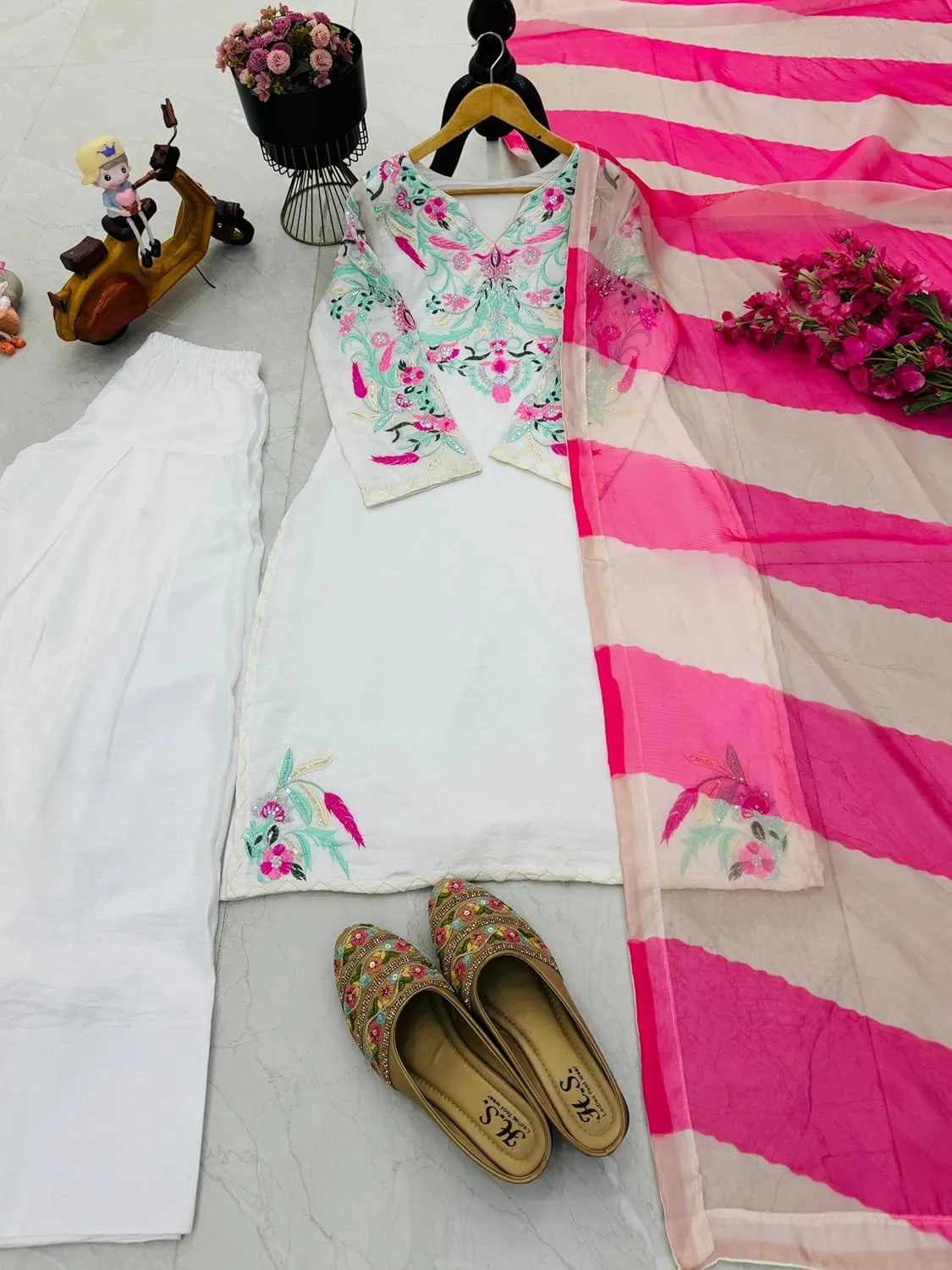 Vichitra Silk Embroidered Kurti Palazzo Set with Real Mirror Work & Organza Printed Dupatta | Fully Stitched | M to XXL