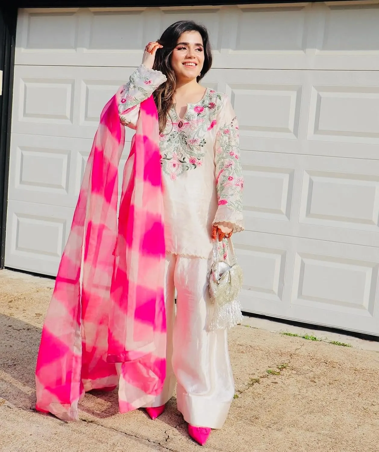Vichitra Silk Embroidered Kurti Palazzo Set with Real Mirror Work & Organza Printed Dupatta | Fully Stitched | M to XXL