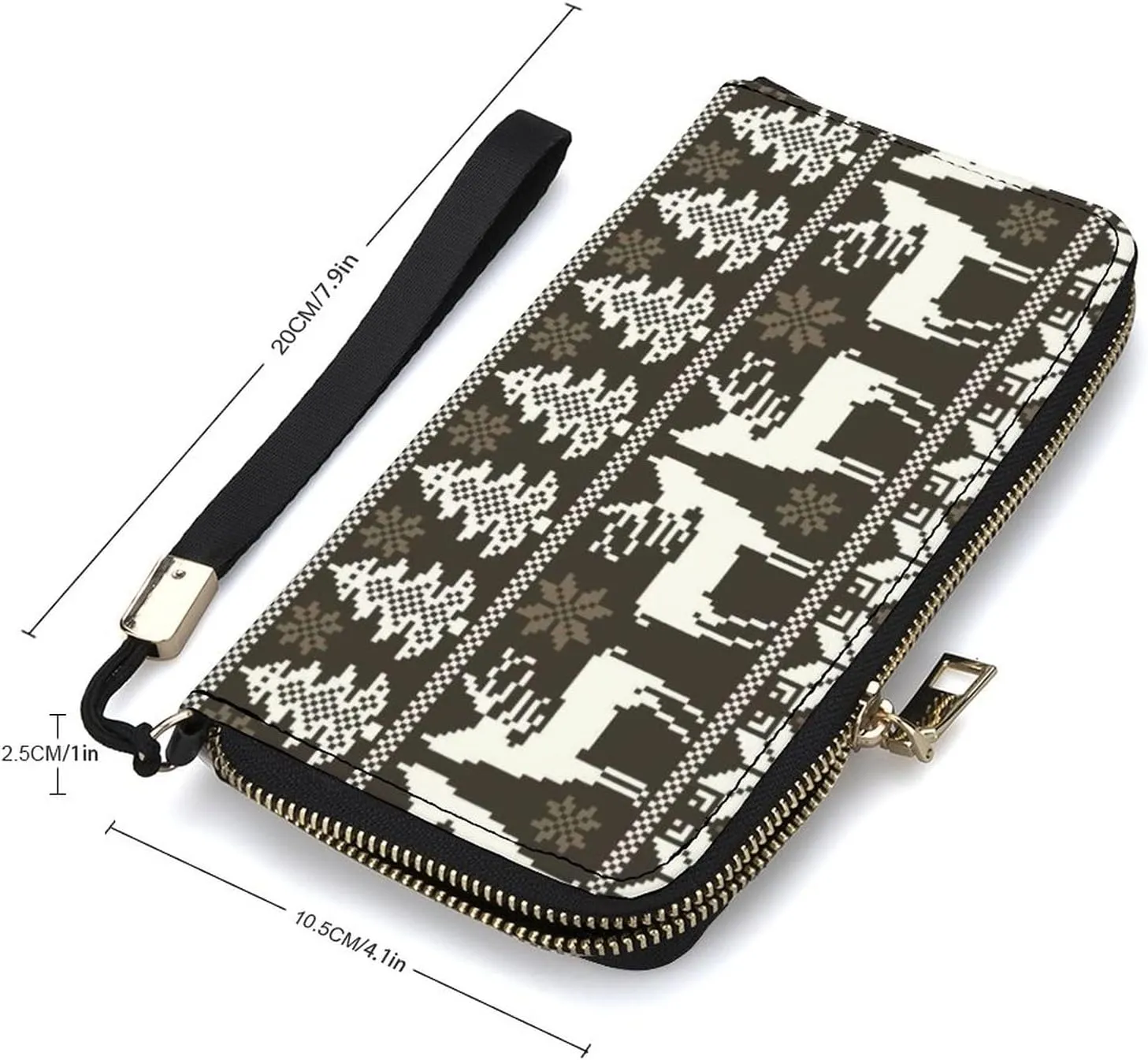 Vintage Christmas White Reindeers Trees Norwegian Sweater Style Long Clutch Wallet, Long Handbag with Removable Wristlet Strap, PU Leather Zip Purse, Credit Pass Case Card-Holder for Men Women