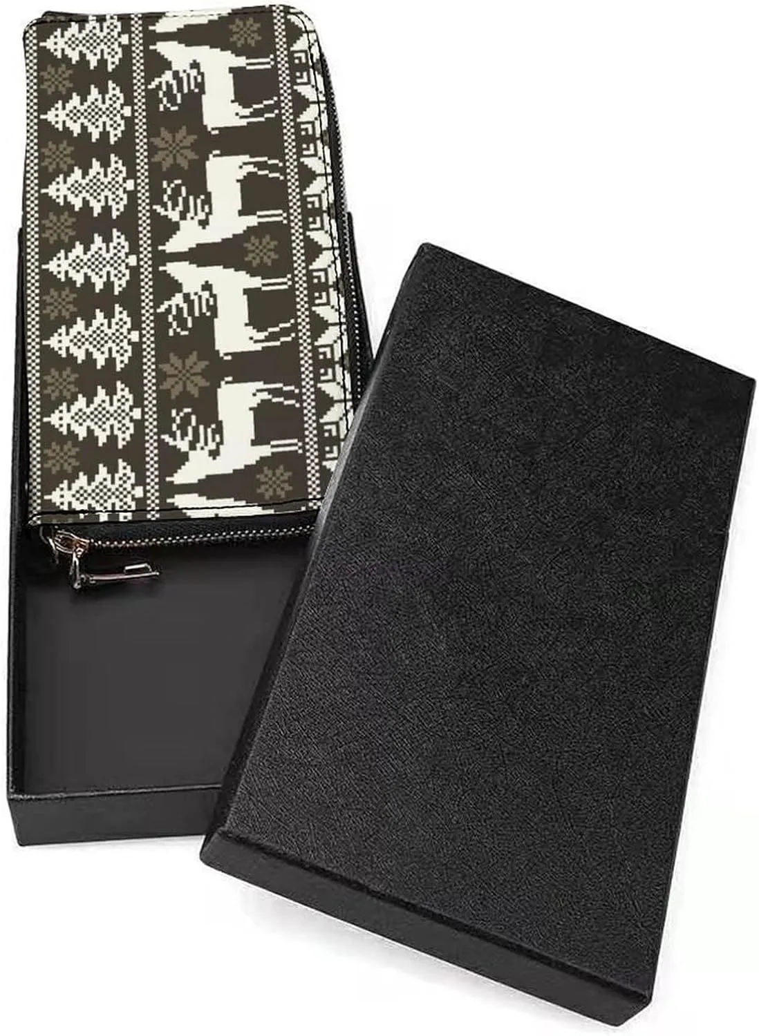 Vintage Christmas White Reindeers Trees Norwegian Sweater Style Long Clutch Wallet, Long Handbag with Removable Wristlet Strap, PU Leather Zip Purse, Credit Pass Case Card-Holder for Men Women