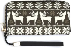 Vintage Christmas White Reindeers Trees Norwegian Sweater Style Long Clutch Wallet, Long Handbag with Removable Wristlet Strap, PU Leather Zip Purse, Credit Pass Case Card-Holder for Men Women