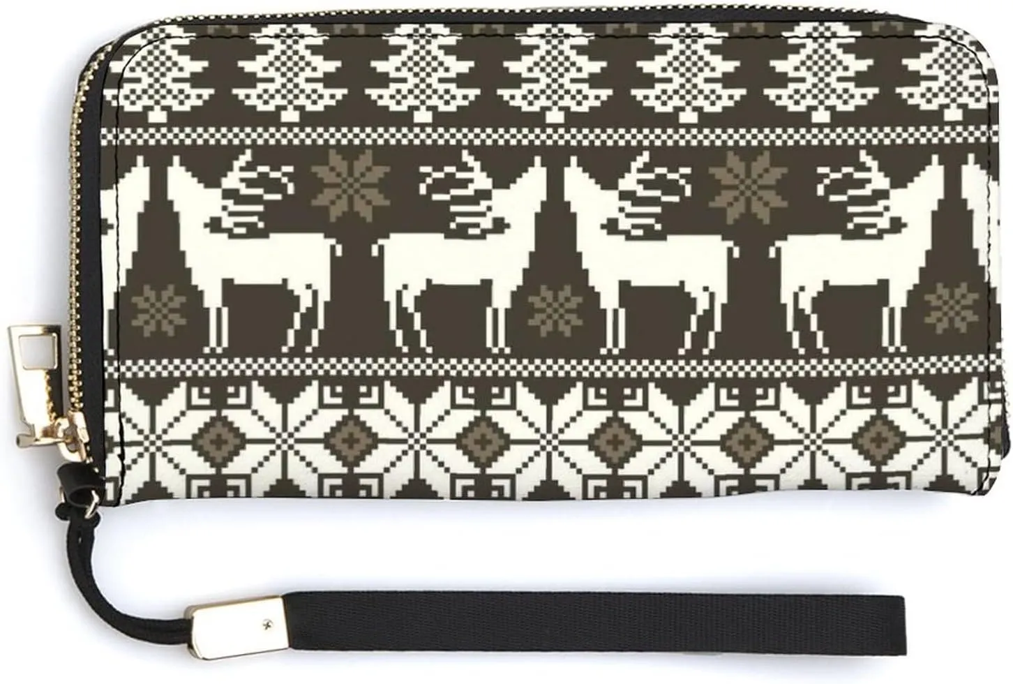 Vintage Christmas White Reindeers Trees Norwegian Sweater Style Long Clutch Wallet, Long Handbag with Removable Wristlet Strap, PU Leather Zip Purse, Credit Pass Case Card-Holder for Men Women
