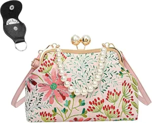 Vintage Embroidered Flower Handbag, Retro Pearl Chain Crossbody Bag with Kiss Lock Closure for Women