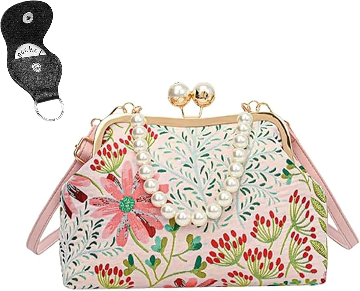 Vintage Embroidered Flower Handbag, Retro Pearl Chain Crossbody Bag with Kiss Lock Closure for Women