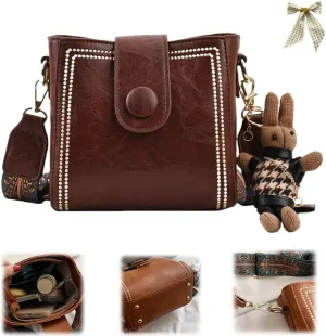 Vintage Fashion Bag with Adjustable Wider Shoulder Strap,Retro Water Bucket Shoulder Bag,Casual Crossbody with Rabbit Pendant