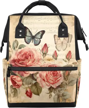 Vintage Rose Butterfly Diaper Bag Mommy Bags With Adjustable Shoulder Strap Waterproof Multifunction Shoulder Bag Travel Large Capacity Backpack for Moms And Dads