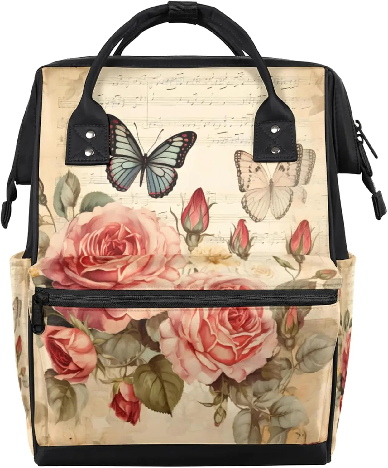 Vintage Rose Butterfly Diaper Bag Mommy Bags With Adjustable Shoulder Strap Waterproof Multifunction Shoulder Bag Travel Large Capacity Backpack for Moms And Dads