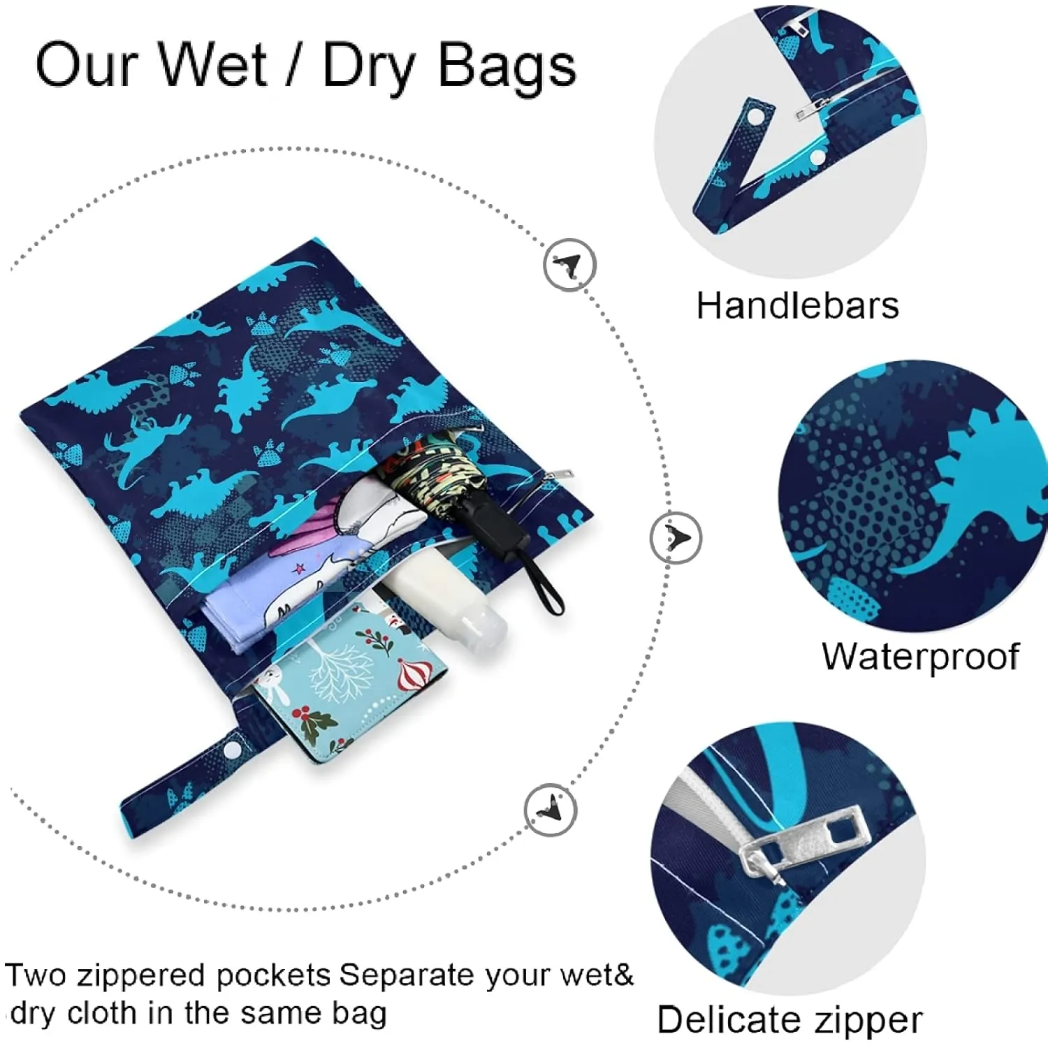 visesunny Blue Dinosaur Footprint 2Pcs Wet Bag with Zippered Pockets Washable Reusable Roomy for Travel,Beach,Pool,Daycare,Stroller,Diapers,Dirty Gym Clothes, Wet Swimsuits, Toiletries