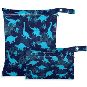 visesunny Blue Dinosaur Footprint 2Pcs Wet Bag with Zippered Pockets Washable Reusable Roomy for Travel,Beach,Pool,Daycare,Stroller,Diapers,Dirty Gym Clothes, Wet Swimsuits, Toiletries