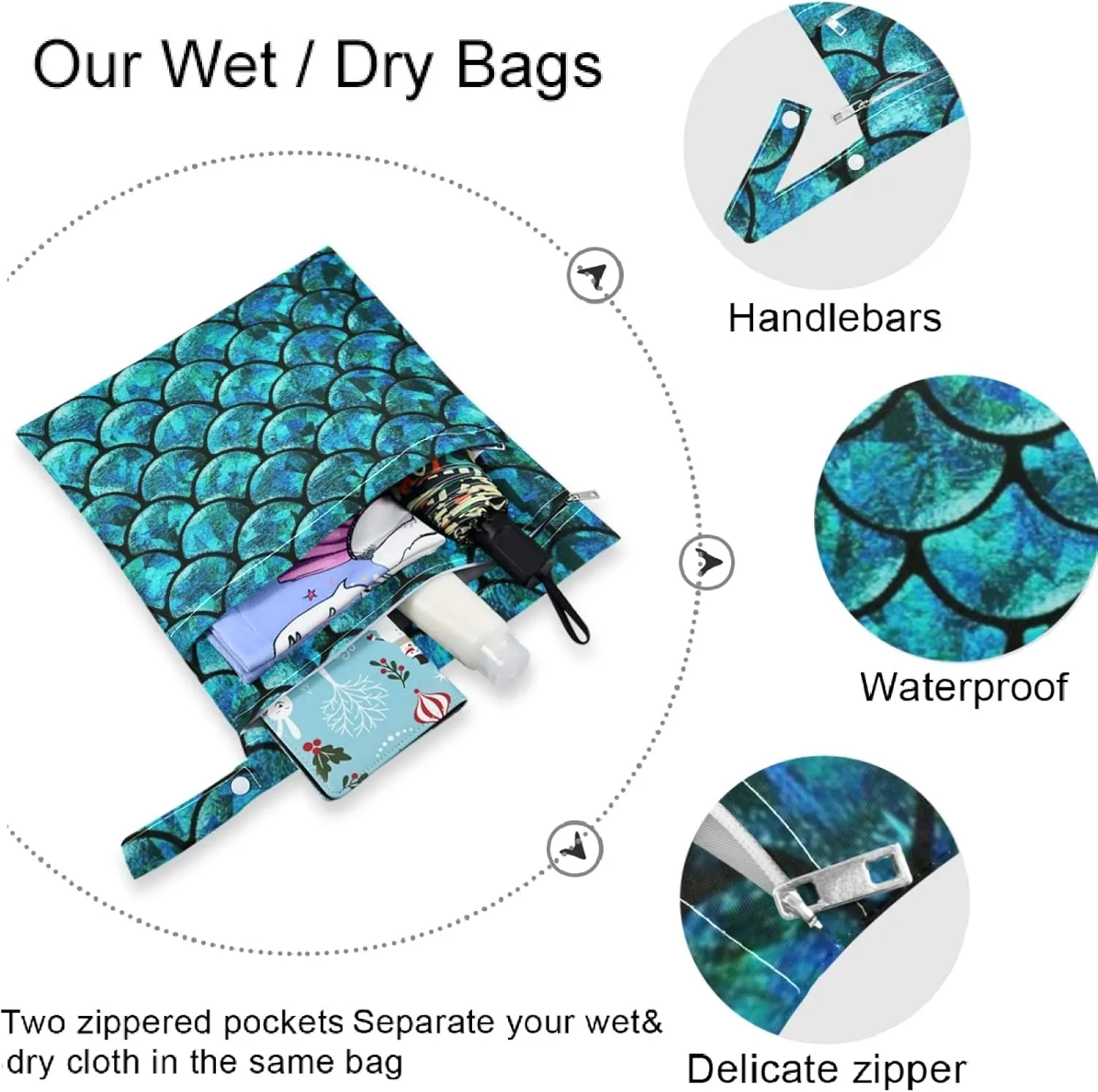 visesunny Blue Mermaid Scale 2Pcs Wet Bag with Zippered Pockets Washable Reusable Roomy for Travel,Beach,Pool,Daycare,Stroller,Diapers,Dirty Gym Clothes, Wet Swimsuits, Toiletries